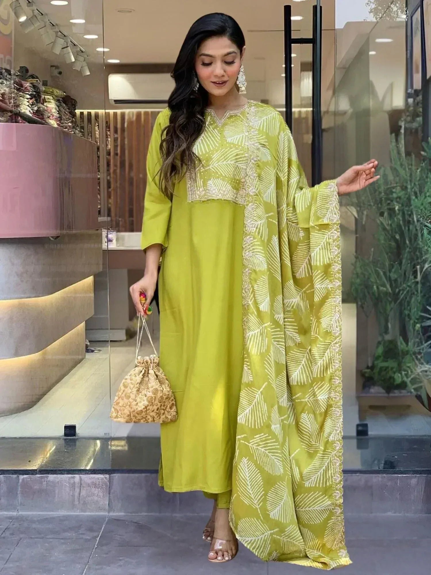 Lime green ethnic kurta with leaf print dupatta, stylish Indian wear for women