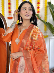Stunning Orange Embroidered Viscose Event Wear Pant Suit With Dupatta