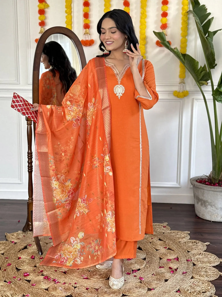 Stunning Orange Embroidered Viscose Event Wear Pant Suit With Dupatta