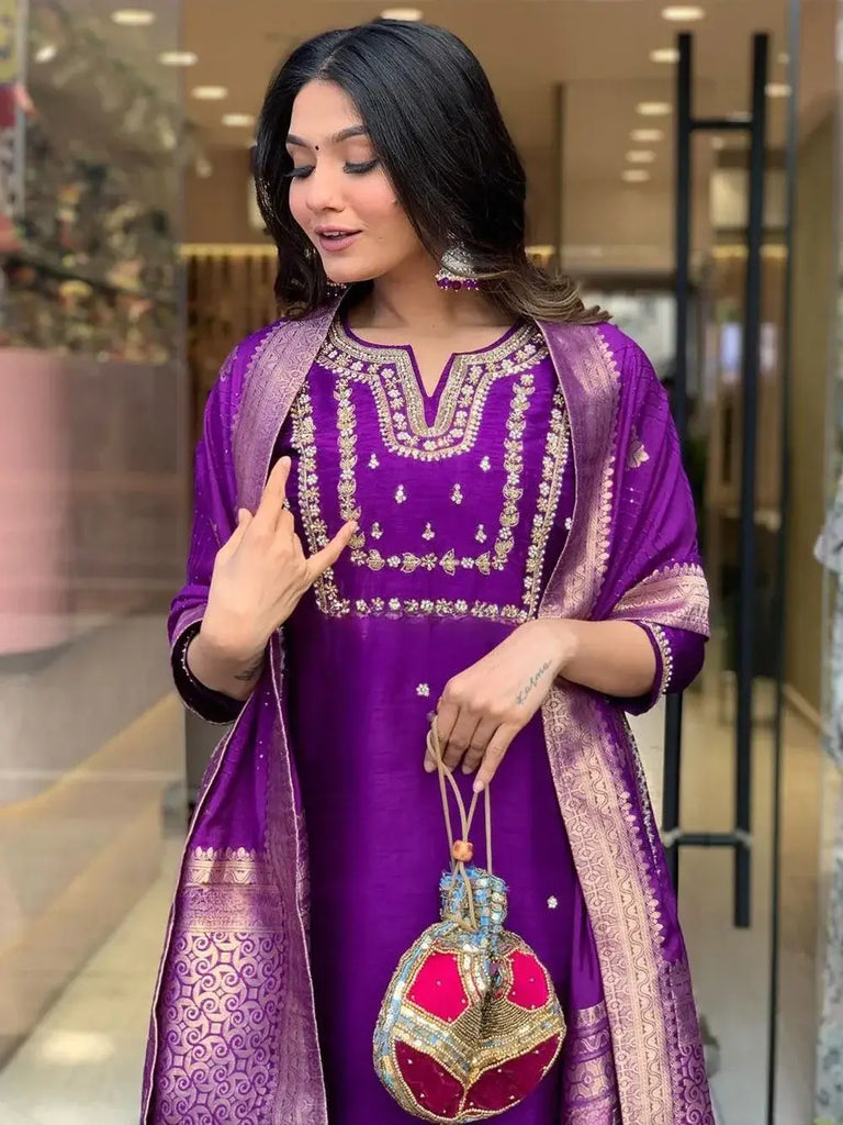 Astonishing Purple Embroidered Viscose Wedding Wear Pant Suit
