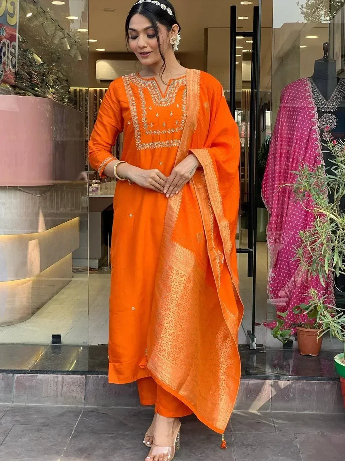 Orange embroidered kurta with palazzo and dupatta, Indian ethnic wear for women