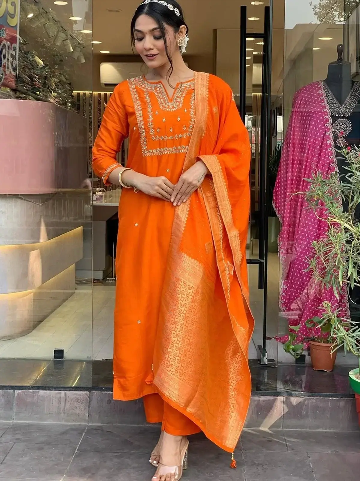 Amazing Orange Embroidered Viscose Traditional Pant Suit With Dupatta