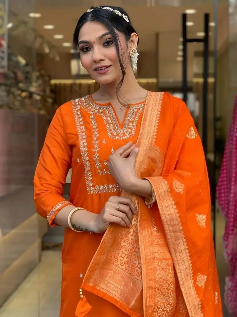 Amazing Orange Embroidered Viscose Traditional Pant Suit With Dupatta