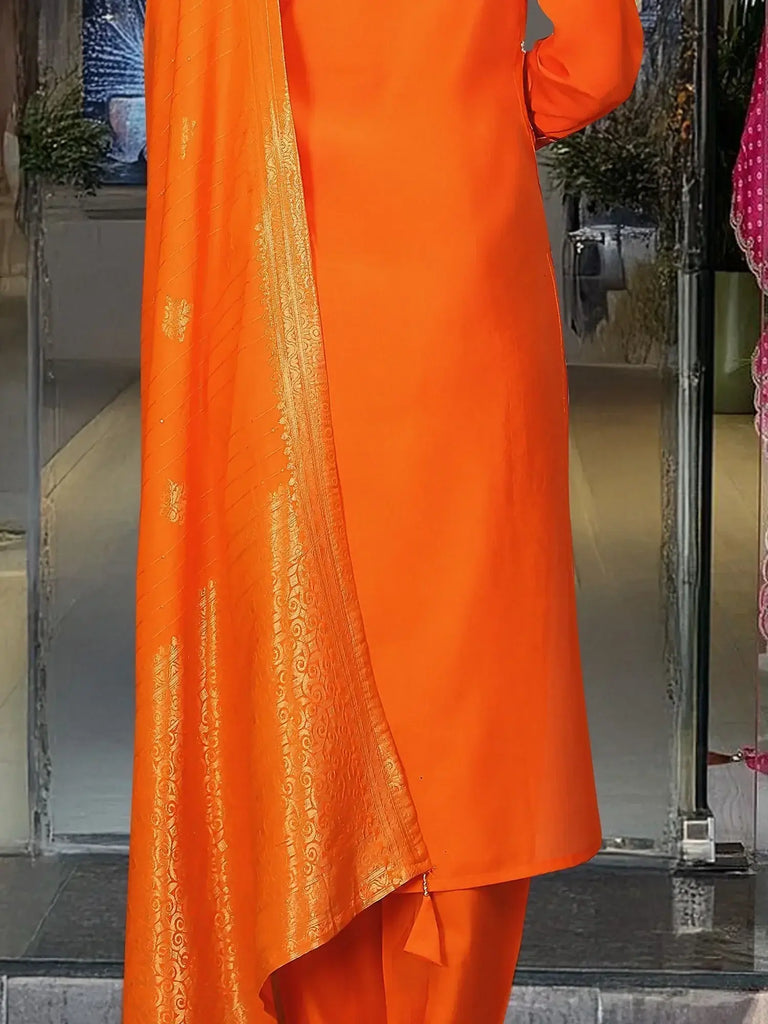 Amazing Orange Embroidered Viscose Traditional Pant Suit With Dupatta