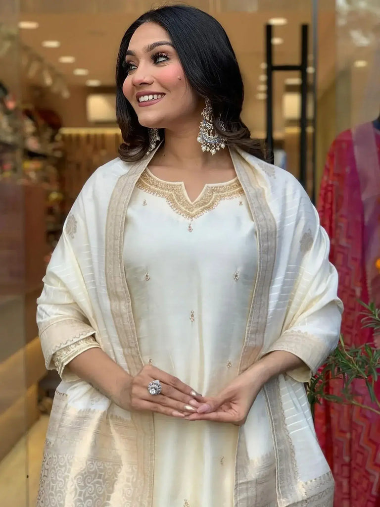 Marvelous Off-White Embroidered Viscose Festival Wear Pant Suit