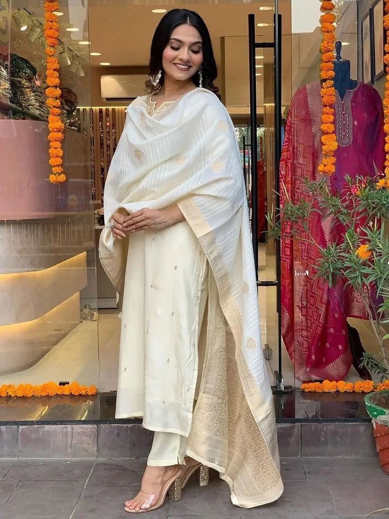 Marvelous Off-White Embroidered Viscose Festival Wear Pant Suit