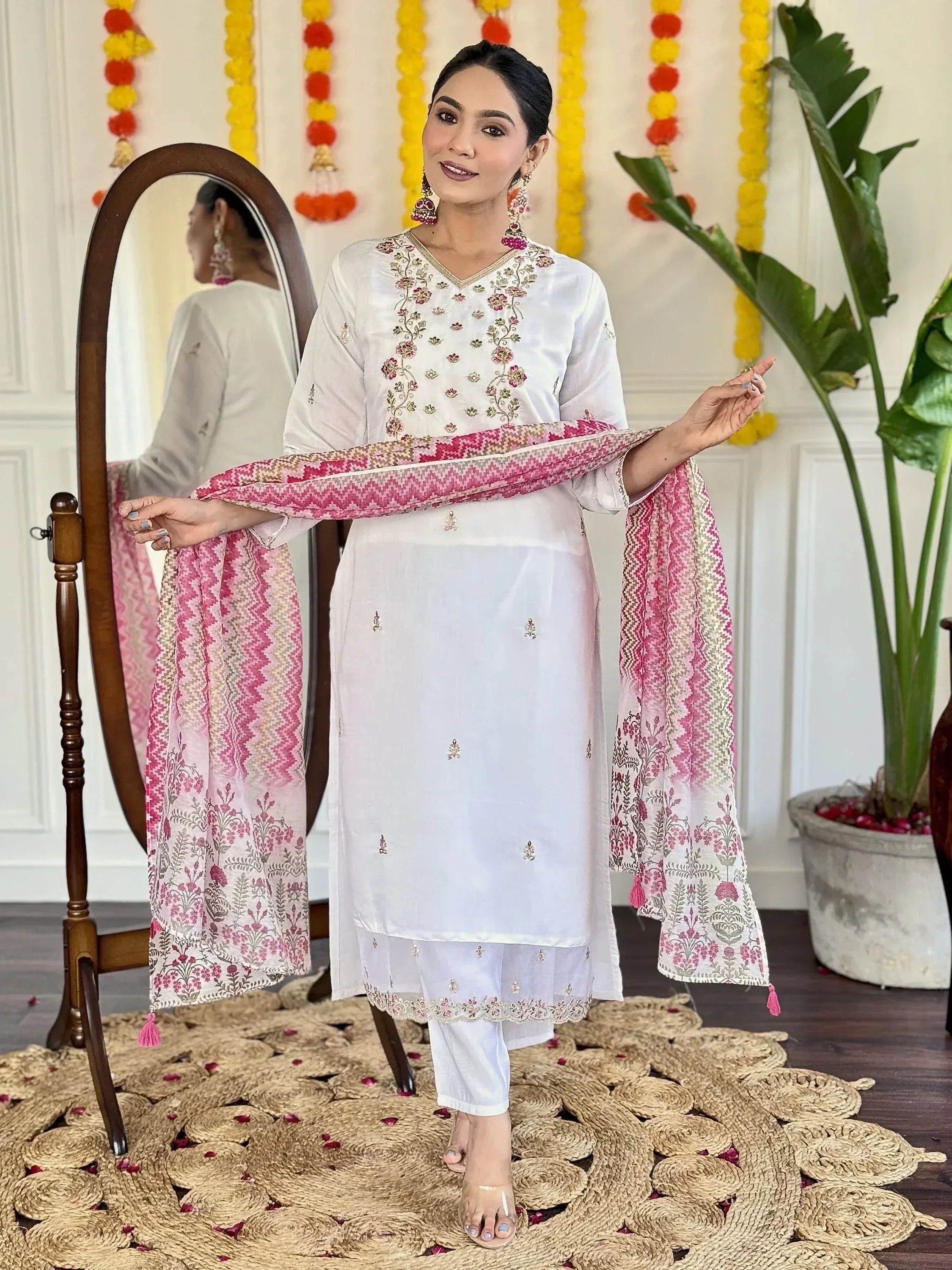 White embroidered kurta with pink patterned dupatta, Indian ethnic wear for women