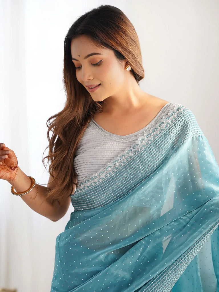 Pretty Sky-Blue Swarovski Work Organza Party Wear Saree With Blouse
