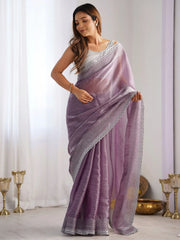 Alluring Lavender Swarovski Work Organza Event Wear Saree With Blouse
