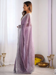 Alluring Lavender Swarovski Work Organza Event Wear Saree With Blouse