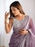 Alluring Lavender Swarovski Work Organza Event Wear Saree With Blouse