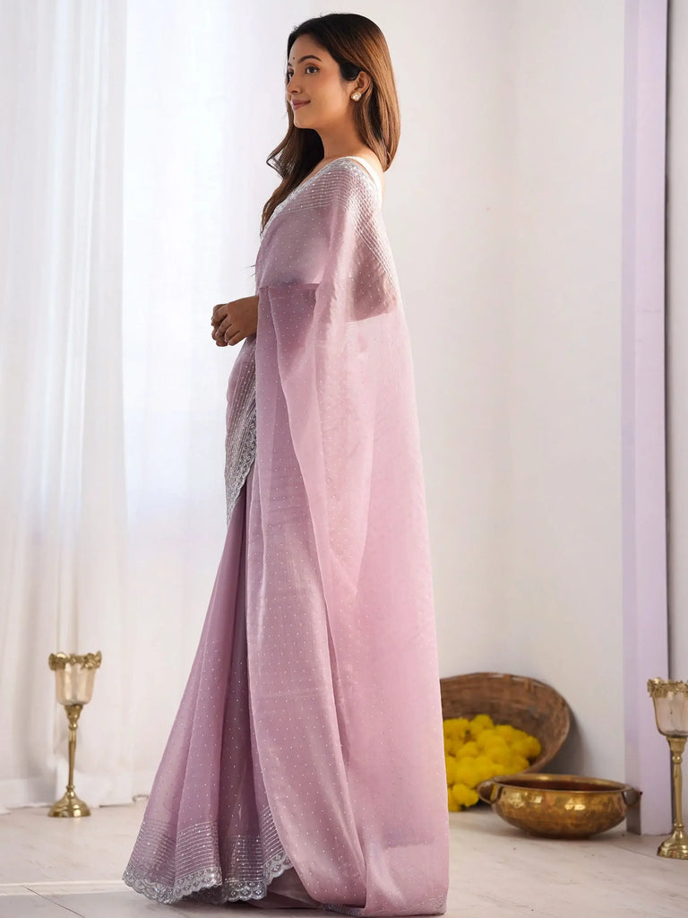 Lovely Mauve Swarovski Work Organza Festival Wear Saree With Blouse
