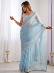 Precious Sky-Blue Swarovski Work Organza Designer Saree With Blouse