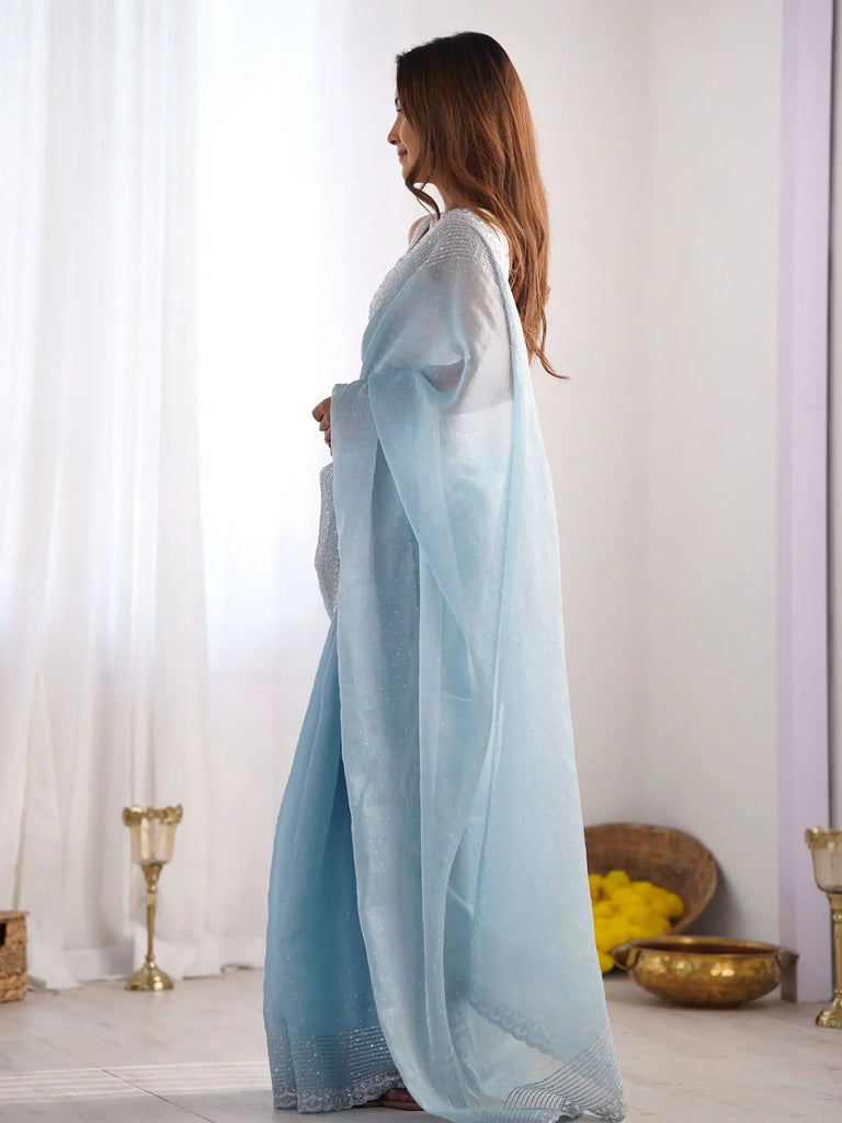 Precious Sky-Blue Swarovski Work Organza Designer Saree With Blouse