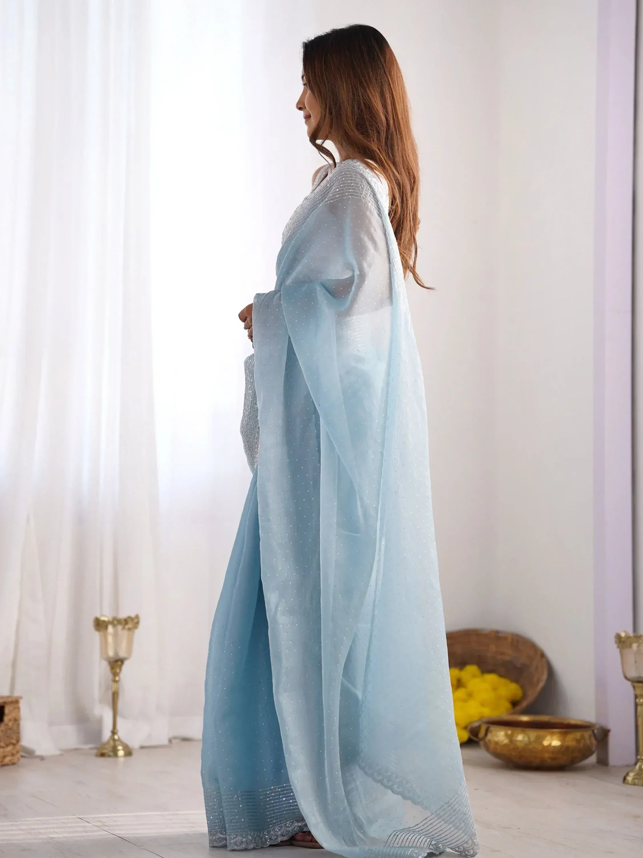 Light blue ethnic gown with sheer cape, perfect for Indian occasions and festive wear