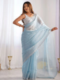 Precious Sky-Blue Swarovski Work Organza Designer Saree With Blouse