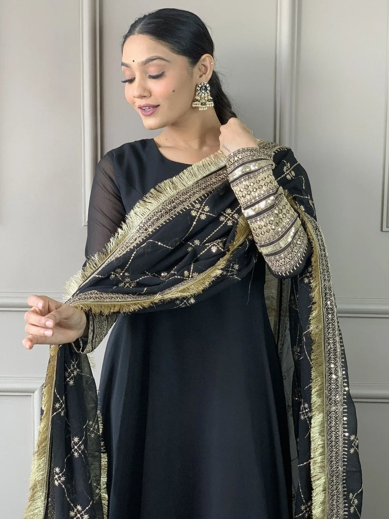 Beautiful Black Georgette Traditional Gown With Heavy Dupatta