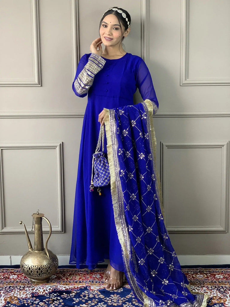 Lovely Blue Georgette Wedding Wear Gown With Embroidered Dupatta