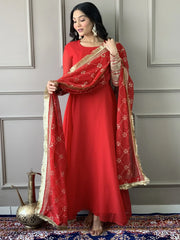 Alluring Red Georgette Wedding Wear Gown With Embroidered Dupatta