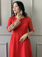 Alluring Red Georgette Wedding Wear Gown With Embroidered Dupatta