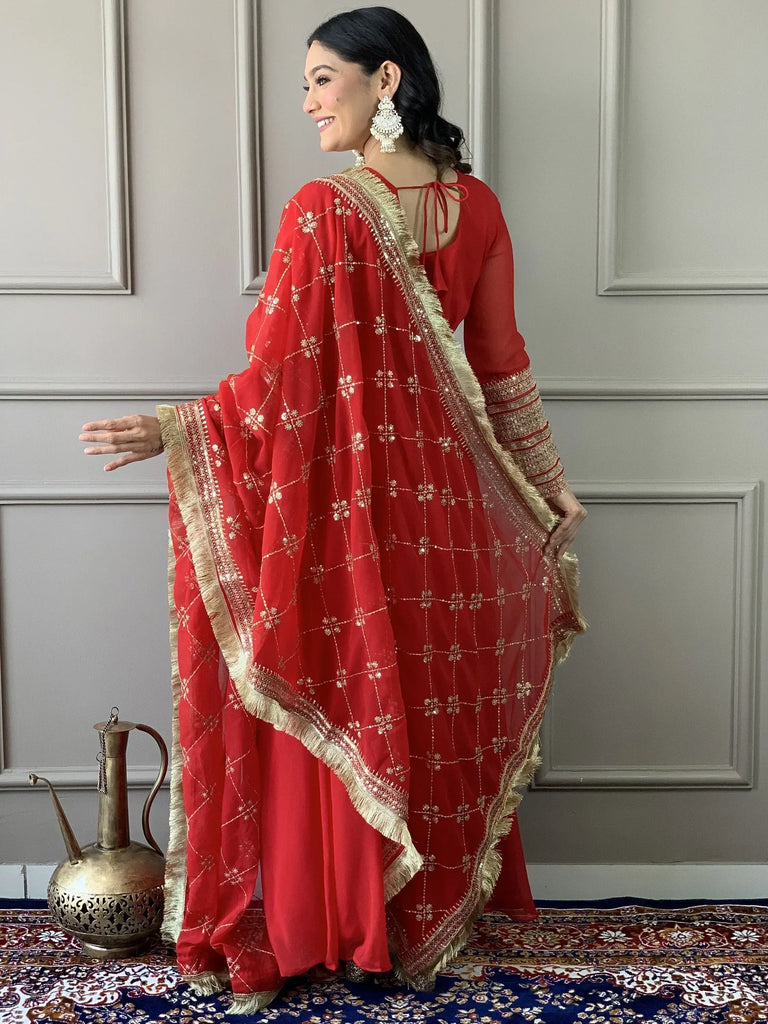 Alluring Red Georgette Wedding Wear Gown With Embroidered Dupatta