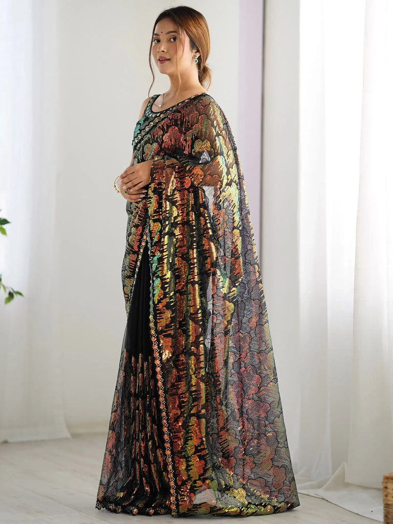 Stunning Black Sequins Net Reception Wear Saree With Blouse