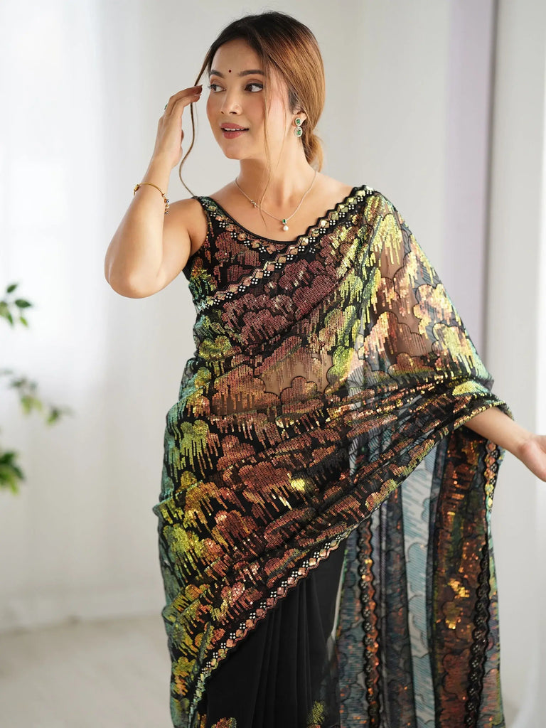 Stunning Black Sequins Net Reception Wear Saree With Blouse