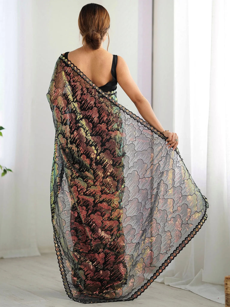 Stunning Black Sequins Net Reception Wear Saree With Blouse