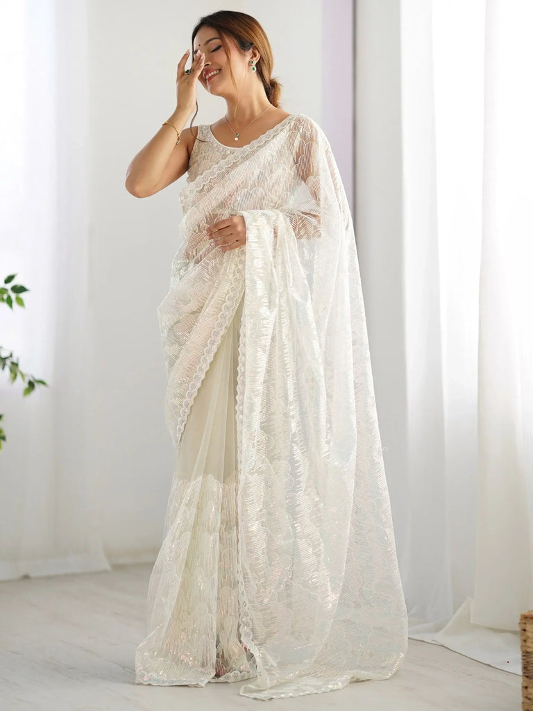 Attractive Off White Sequins Net Party Wear Saree With Blouse
