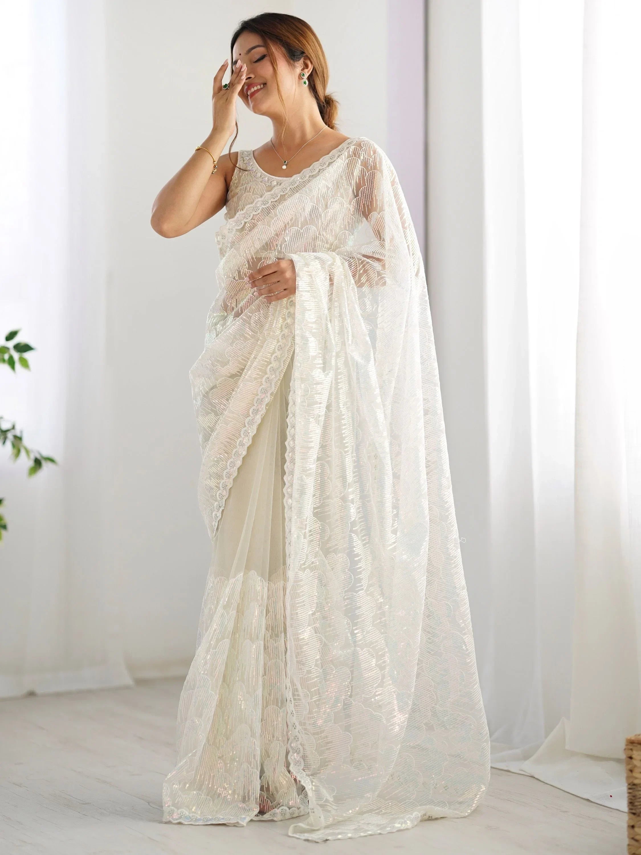 Attractive Off White Sequins Net Party Wear Saree With Blouse
