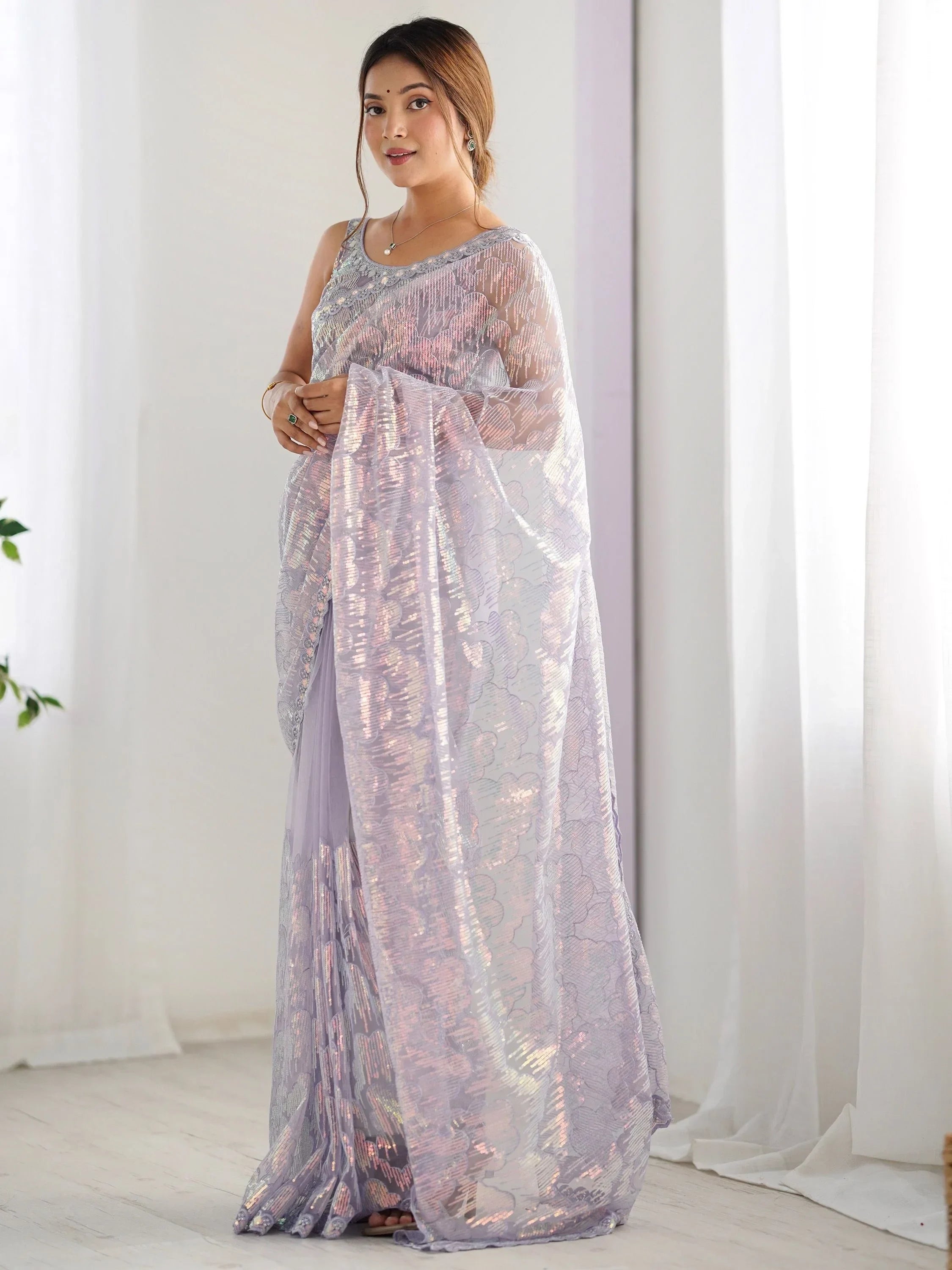 Precious Lavender Sequins Net Event Wear Saree With Blouse