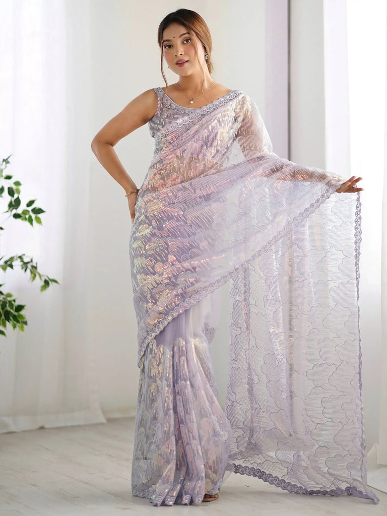 Precious Lavender Sequins Net Event Wear Saree With Blouse