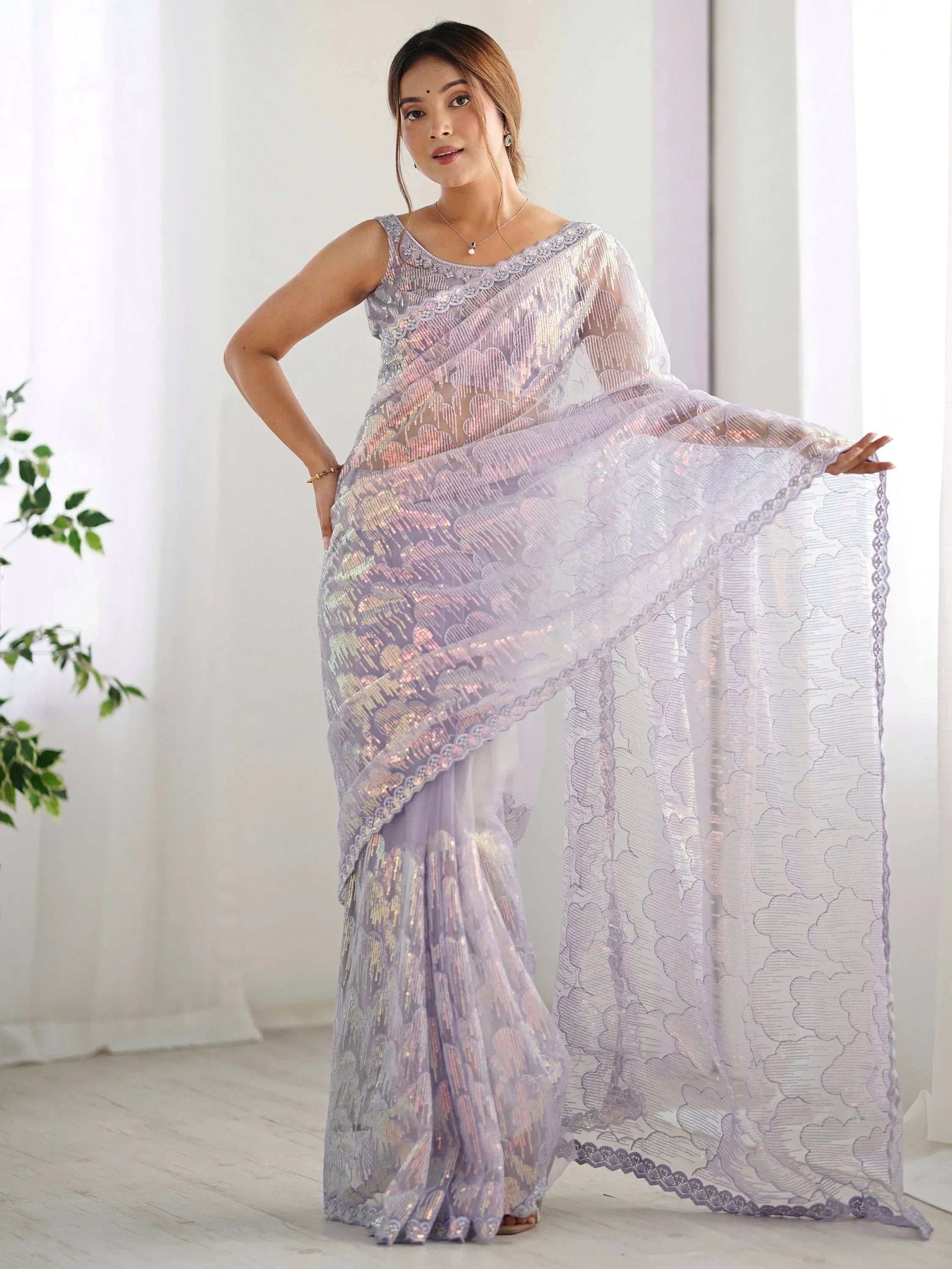 Precious Lavender Sequins Net Event Wear Saree With Blouse