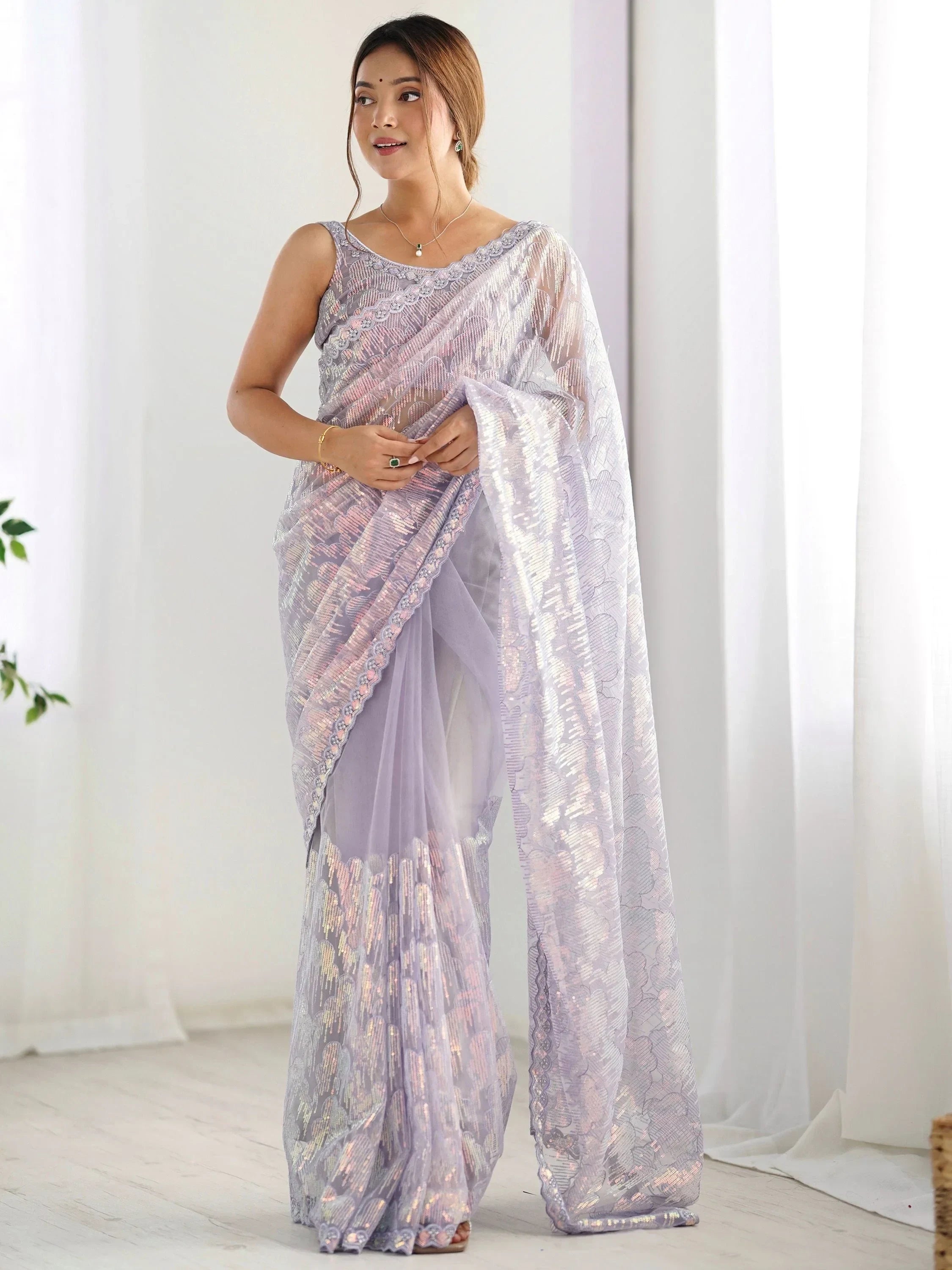 Precious Lavender Sequins Net Event Wear Saree With Blouse