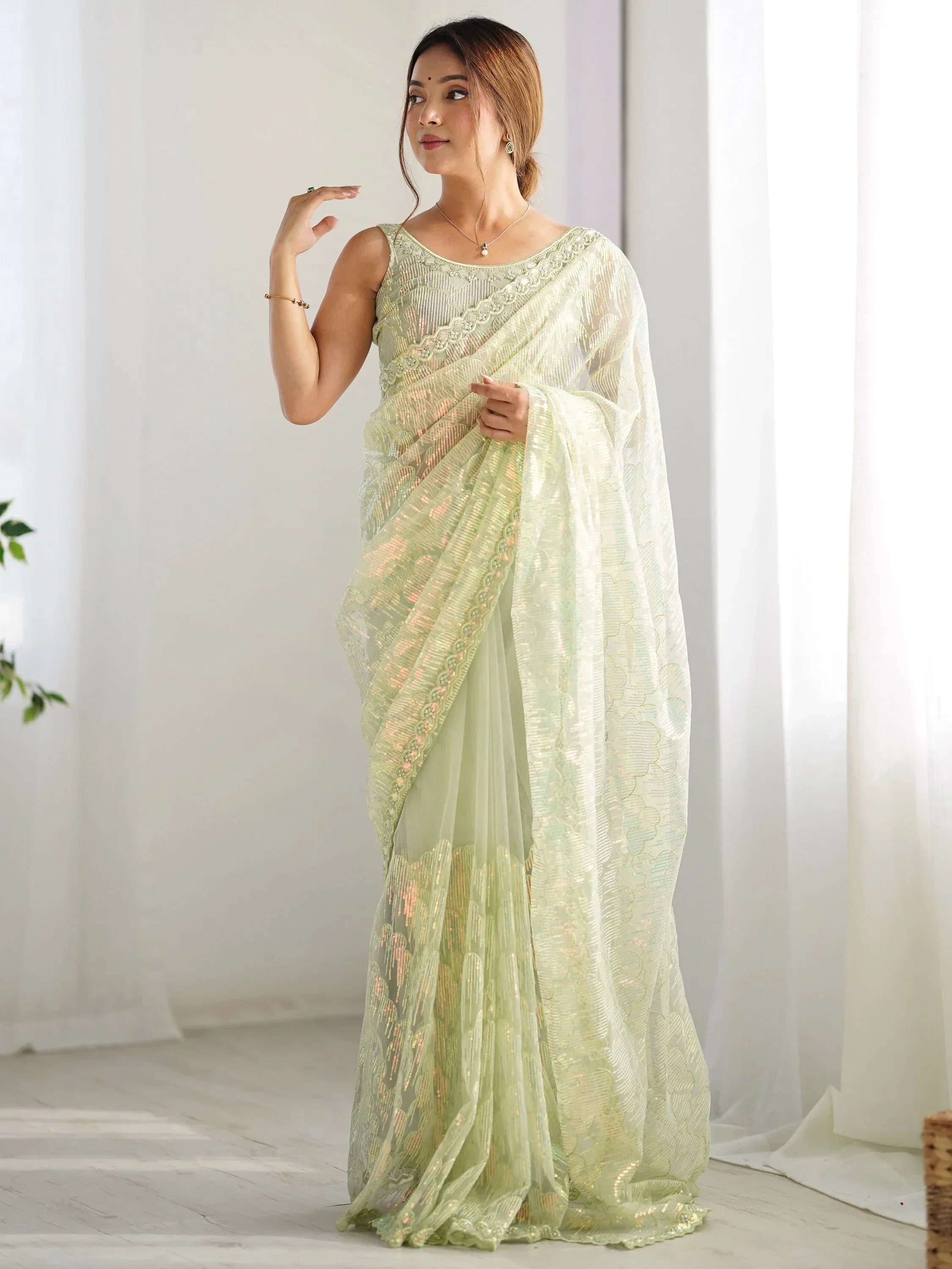 Adorable Pista Green Sequins Net Cocktail Party Wear Saree With Blouse