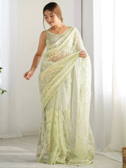 Adorable Pista Green Sequins Net Cocktail Party Wear Saree With Blouse