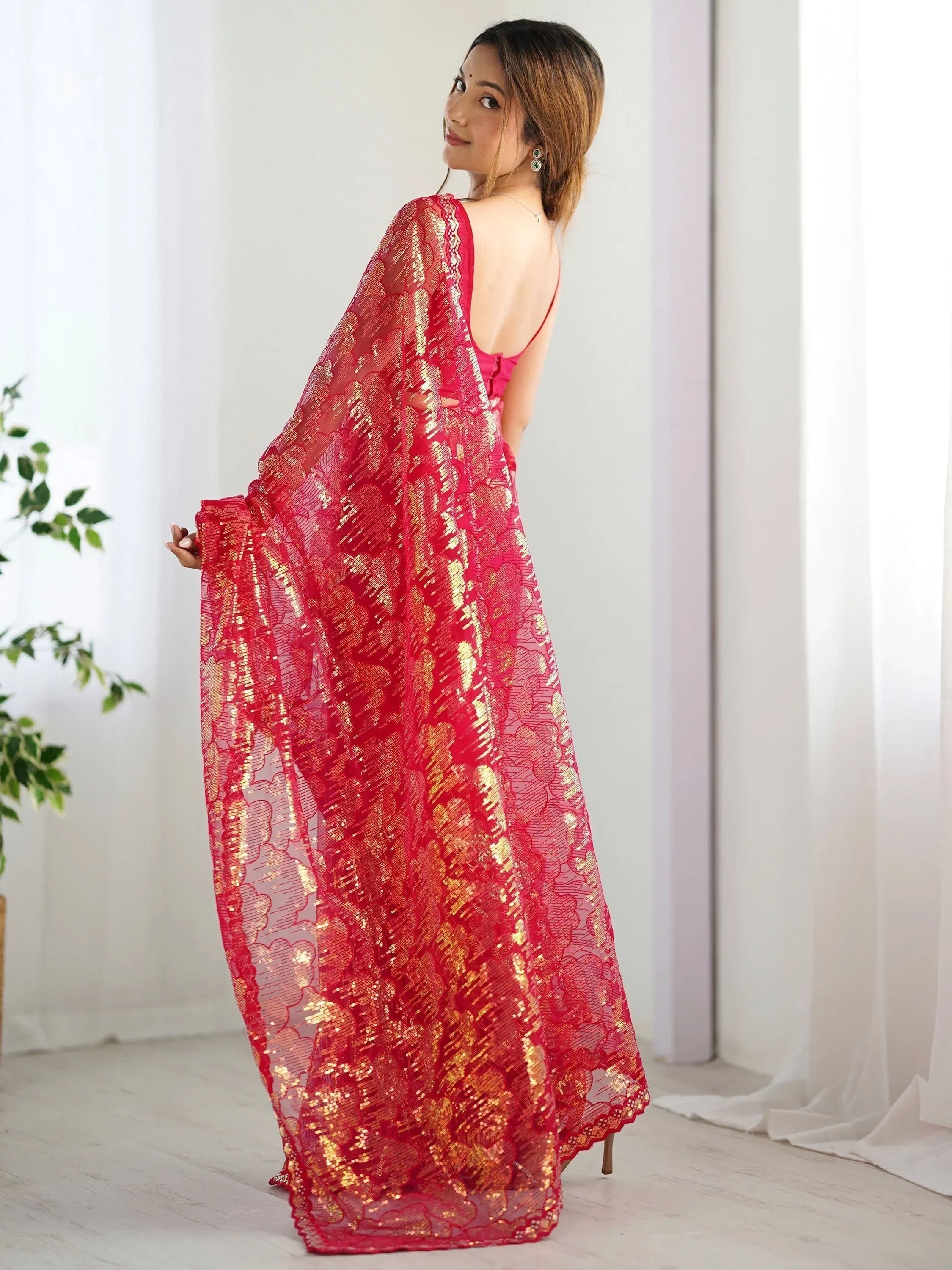 Charming Red Sequins Net Cocktail Party Wear Saree With Blouse