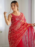 Charming Red Sequins Net Cocktail Party Wear Saree With Blouse