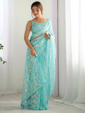 Fascinating Sky-Blue Sequins Net Reception Wear Saree With Blouse