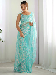 Fascinating Sky-Blue Sequins Net Reception Wear Saree With Blouse