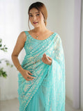 Fascinating Sky-Blue Sequins Net Reception Wear Saree With Blouse