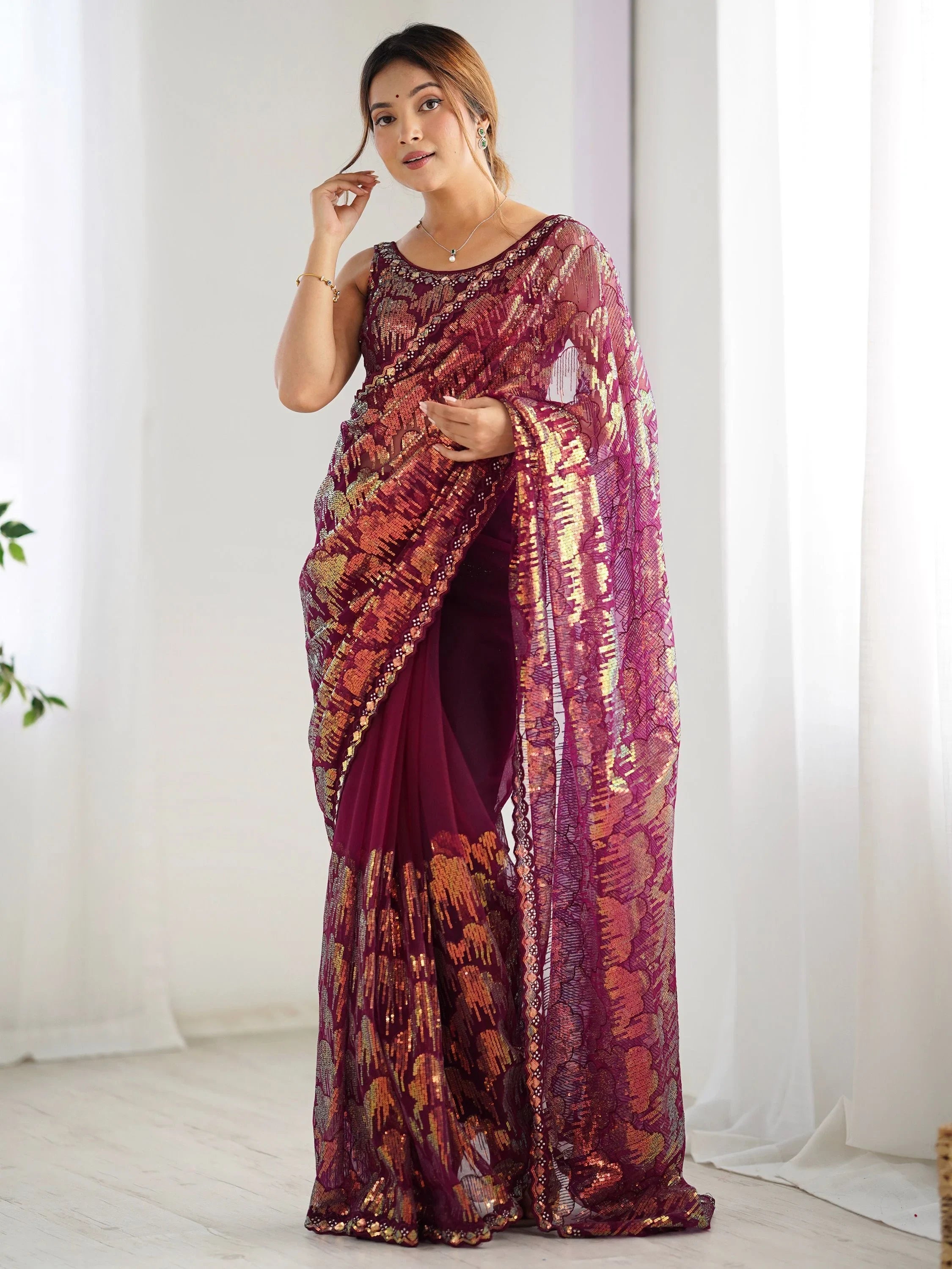 Bewitching Wine Sequins Net Party Wear Saree With Blouse