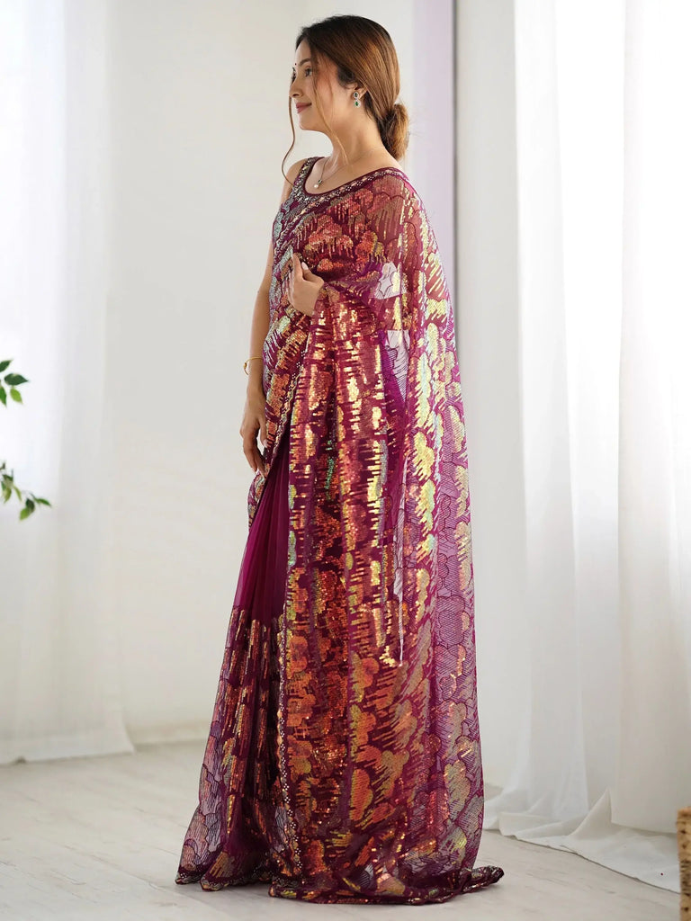 Bewitching Wine Sequins Net Party Wear Saree With Blouse