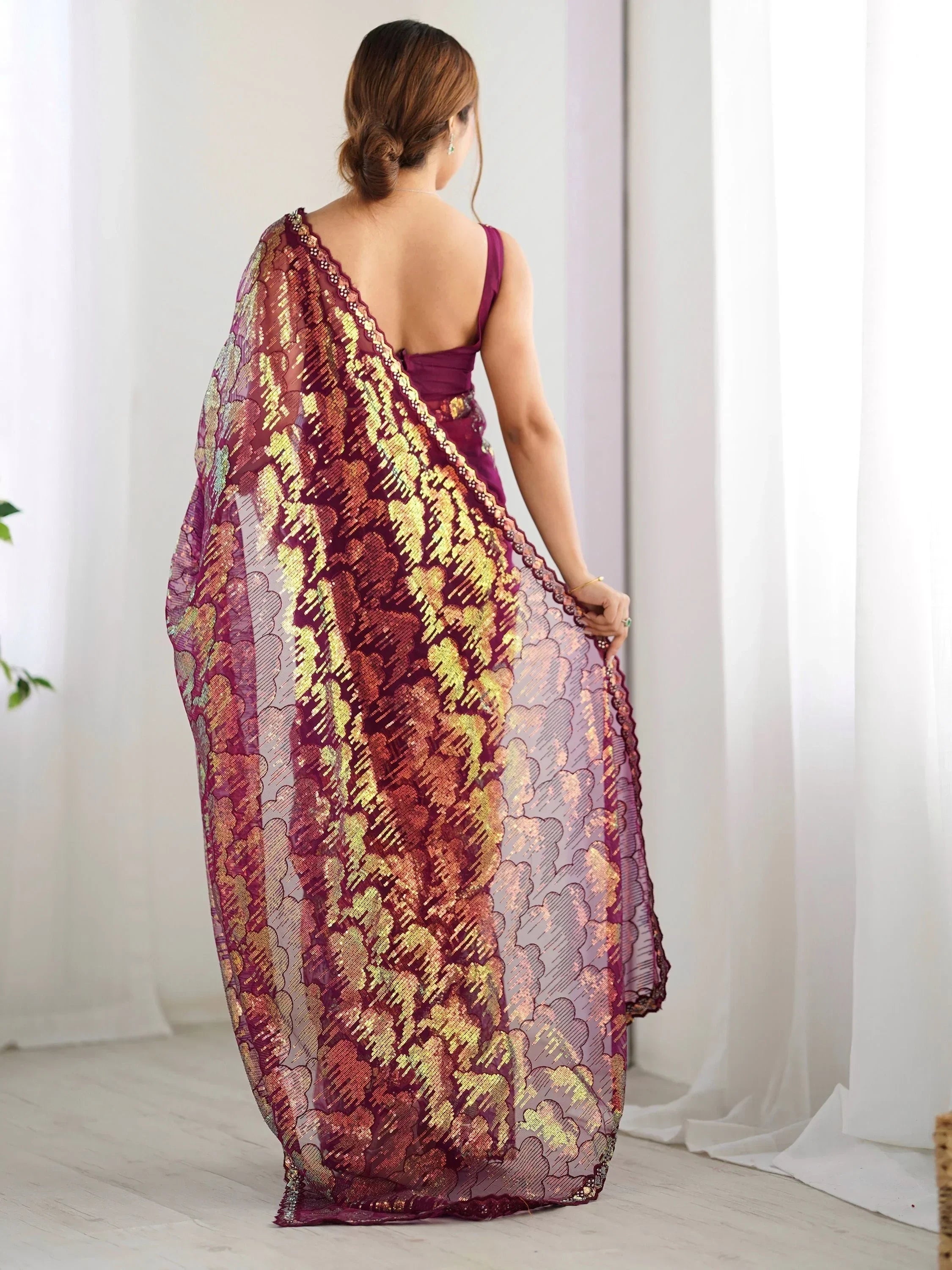 Bewitching Wine Sequins Net Party Wear Saree With Blouse
