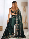 Astonishing Green Floral Embroidered Satin Mehendi Wear Saree