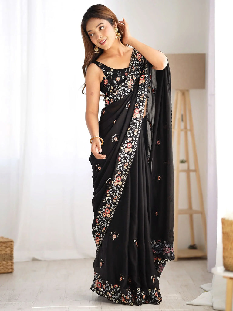 Excellent Black Floral Embroidered Satin Party Wear Saree With Blouse