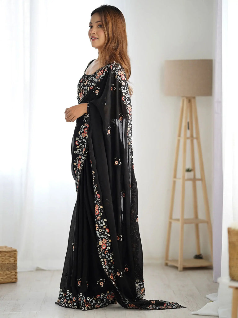 Excellent Black Floral Embroidered Satin Party Wear Saree With Blouse