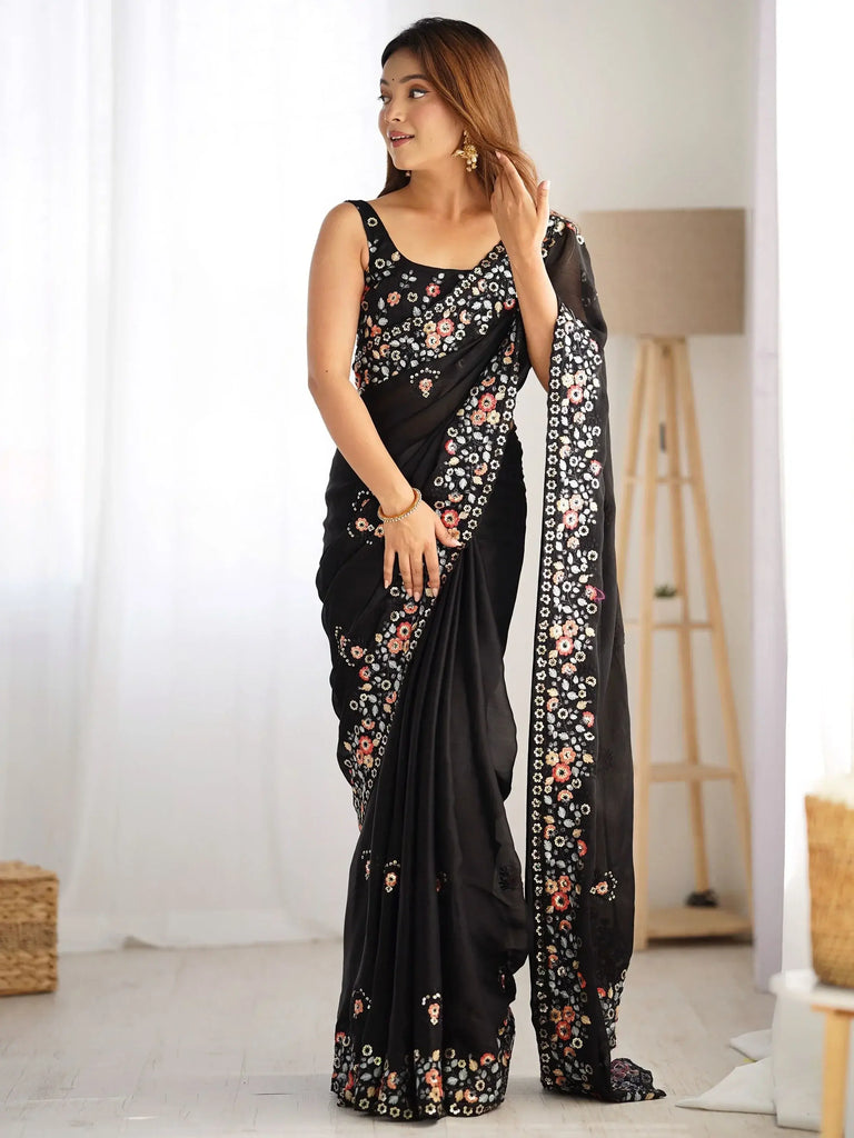 Excellent Black Floral Embroidered Satin Party Wear Saree With Blouse