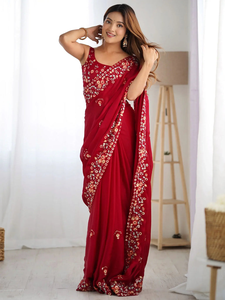 Fabulous Red Floral Embroidered Satin Cocktail Party Wear Saree