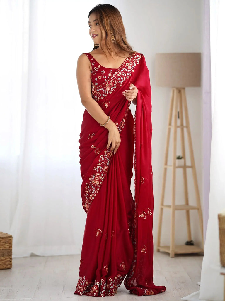 Fabulous Red Floral Embroidered Satin Cocktail Party Wear Saree